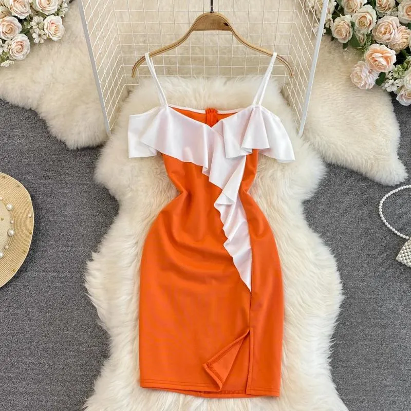 Casual Dresses Korean Fashion Grils Sexig färg Patchwork Off Axel Sling Dress for Women Lotus Leaf Side BodyCon Short Orange Pink