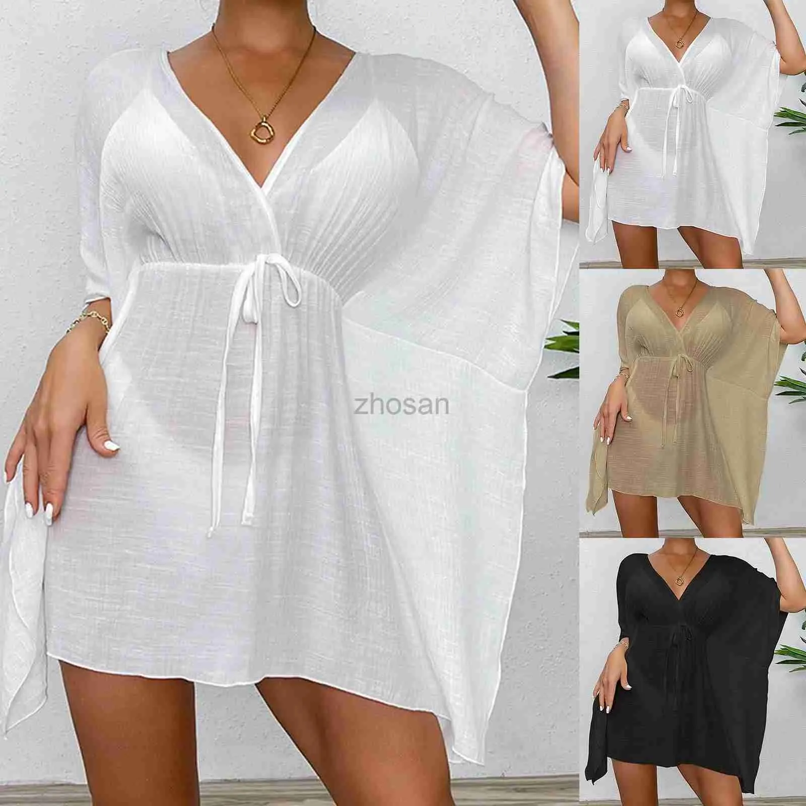 Femmes Place Wear Wear Sexy V-Neck Summer Beach Robe White Cotton TUNIC FEMMES VOIE BIKINI COPIRES DE BAINS SARON