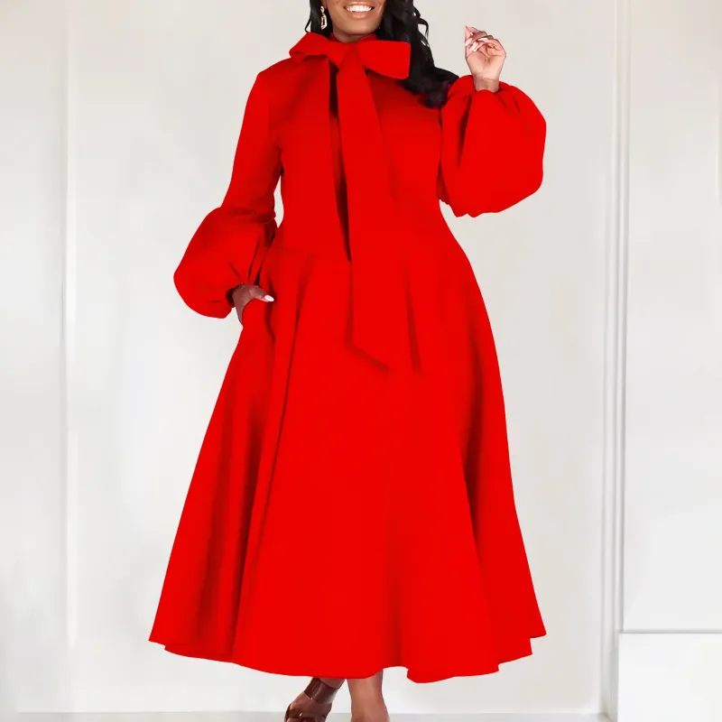 Lässige Kleider Frauen 2024 rote lange Taillenkleid Kleid Puffarmarm Gurt großer Rock junger Robe Maxi Elegante Luxus Mode Damen Kleidung