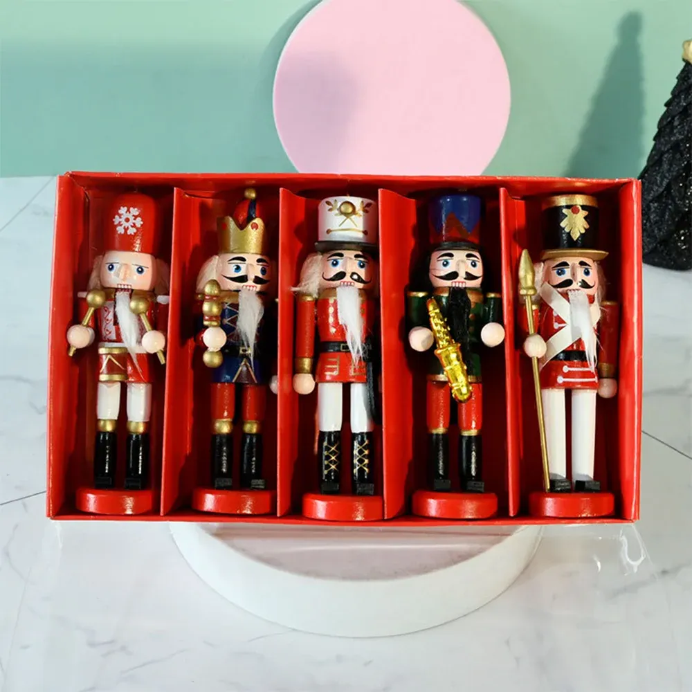 Miniatures 5pcs / Set Wooden Nutcracker Puppet Ornement Soldat Noël Tree Pendant Band Doll Tout New Year Joyeux Noël Gift Home Decoration