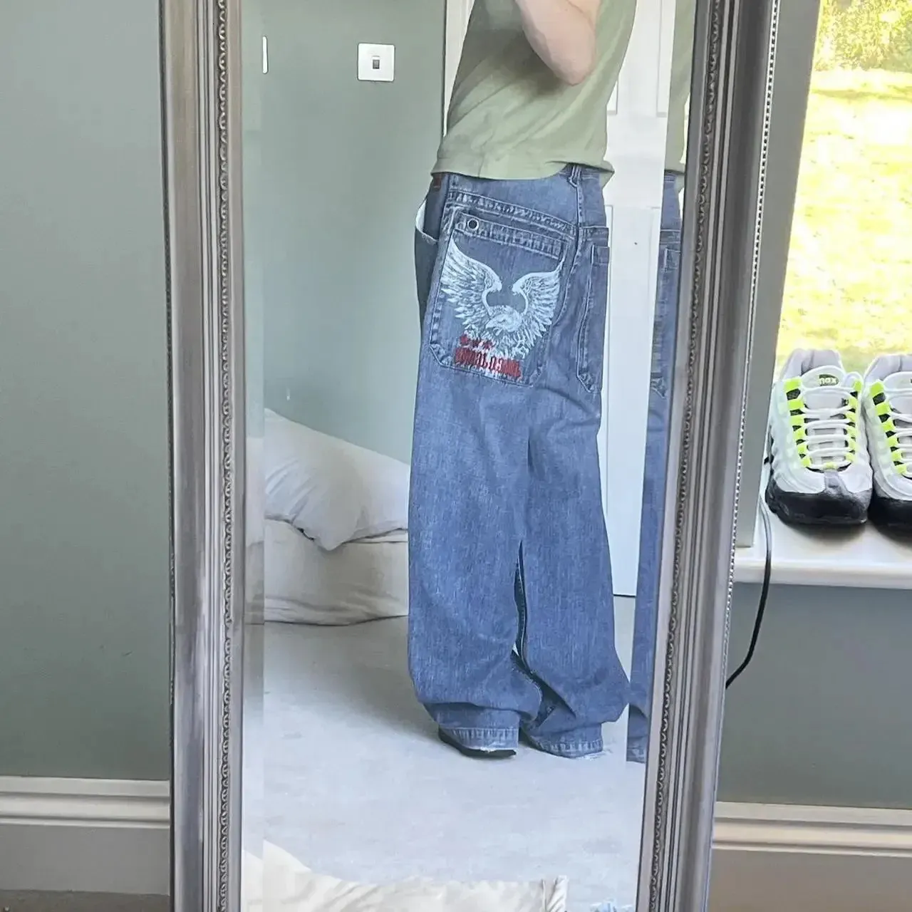 JNCO メンズ ワイドレッグ ジーンズ イーグル刺繍付きハイウエスト 