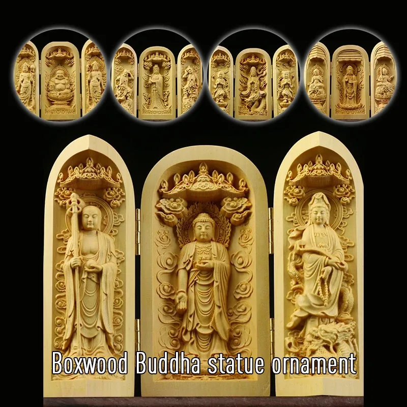 Sculpturen Tibet Boeddhisme BOUSWOOD KWANYIN SHAKYAMUNI GUANYIN 3 God Boeddha Statue Box Folding Boeddha Standbeeld Doos Huist Tempel Decor Ornament