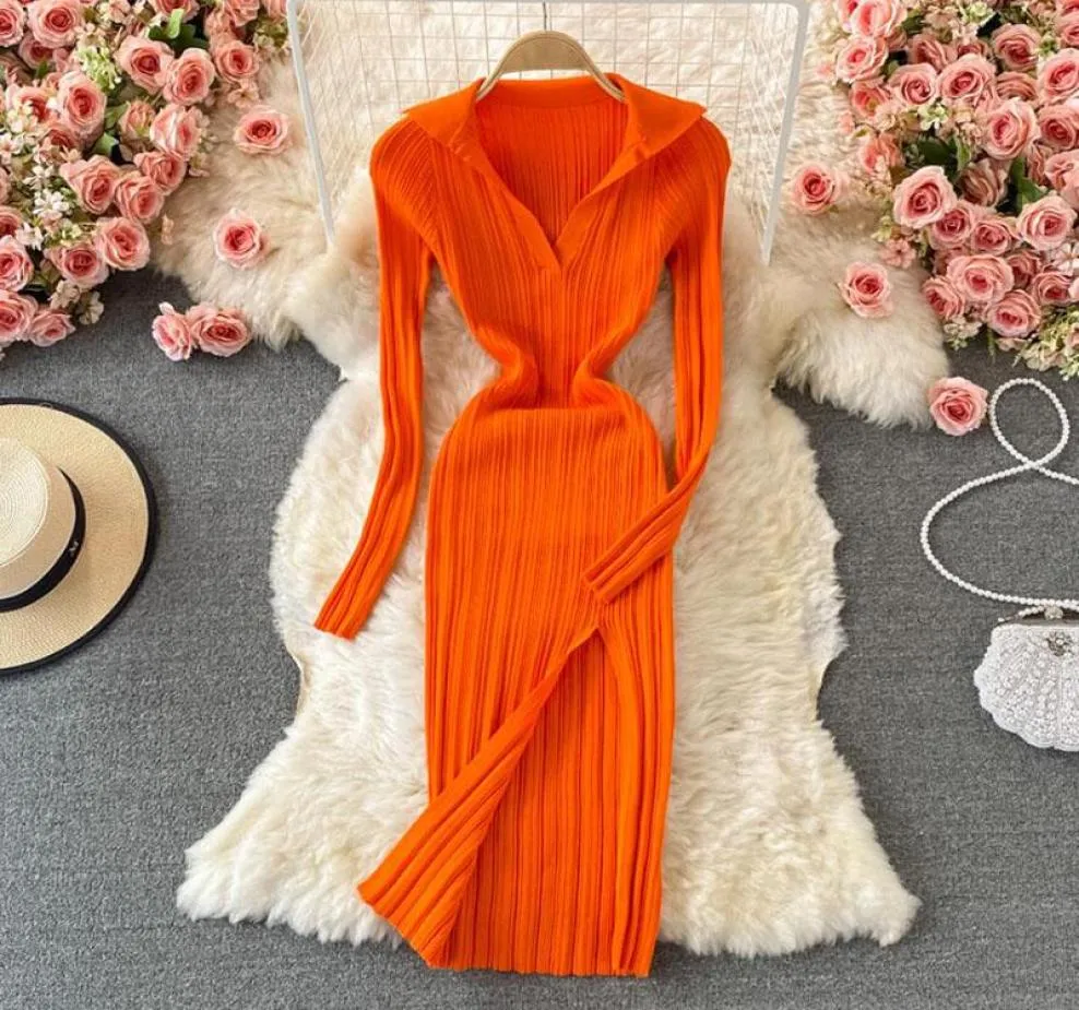 Robes décontractées orange à manches longues élasticité corporel riche en tricot femme automne hiver v cou mince sexy fente midi diatrite vestido8075474