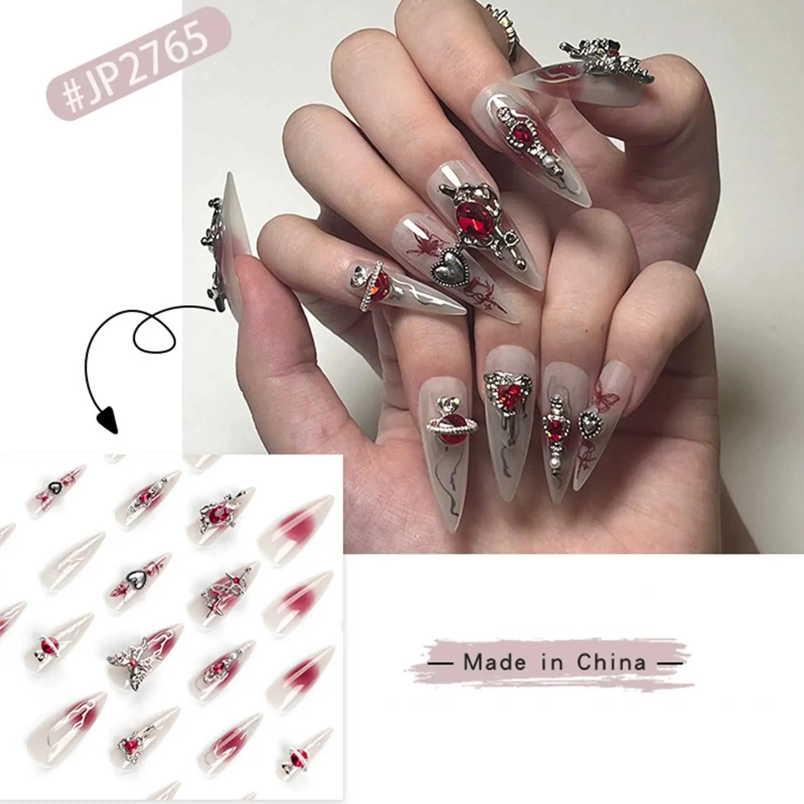 False Nails Style Goth a punta lunga Pressa su punte unghie con design rosso design a rotazione completa Coppa unghie artificiale indossabile ragazze T240507