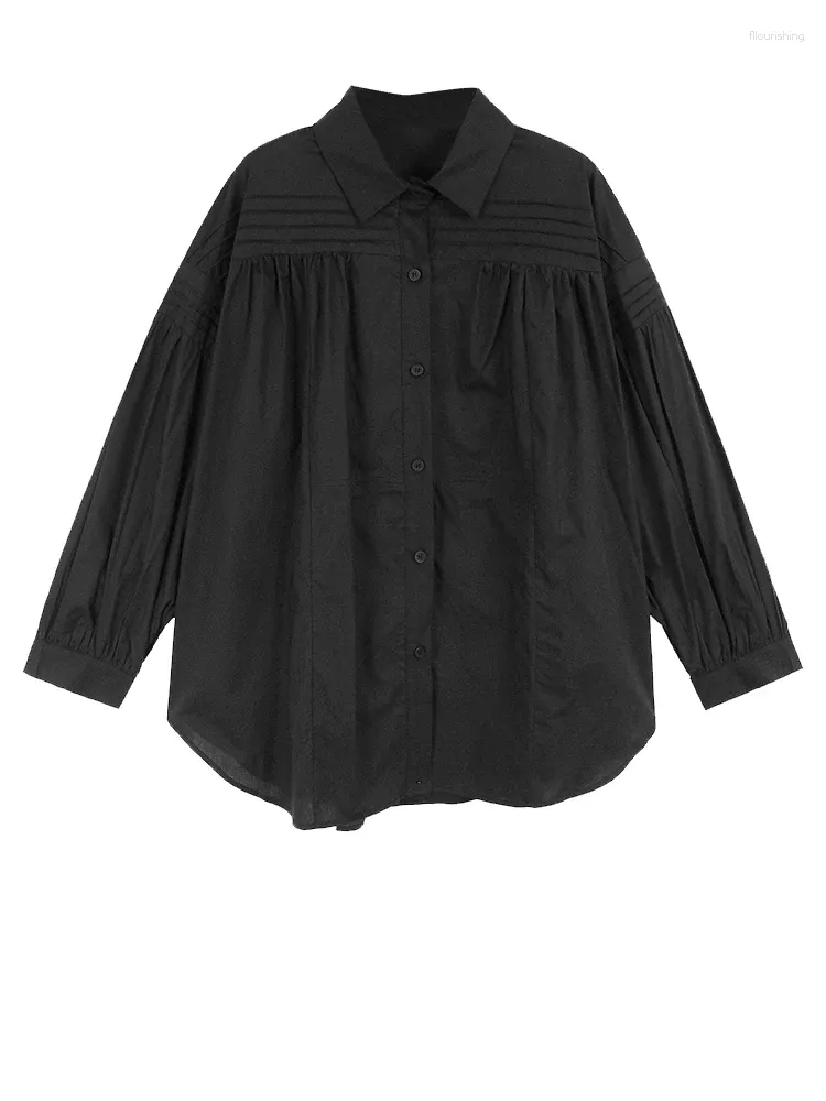 T-shirts pour femmes femmes plissée noire à grande taille élégante chemisier revers long lanterne chemise de mode de mode printemps automne x900