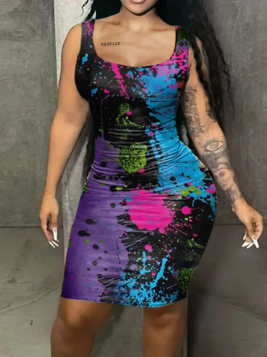Plus Size Splash Ink Bodycon Cami 80s dress - U Neck, Slim Fit, Sleeveless Tank Top for Casual Style (240420) Plus Size Splash Ink Bodycon Cami 80s dress - U Neck, Slim Fit, Sleeveless Tank Top for Casual Style (240420)