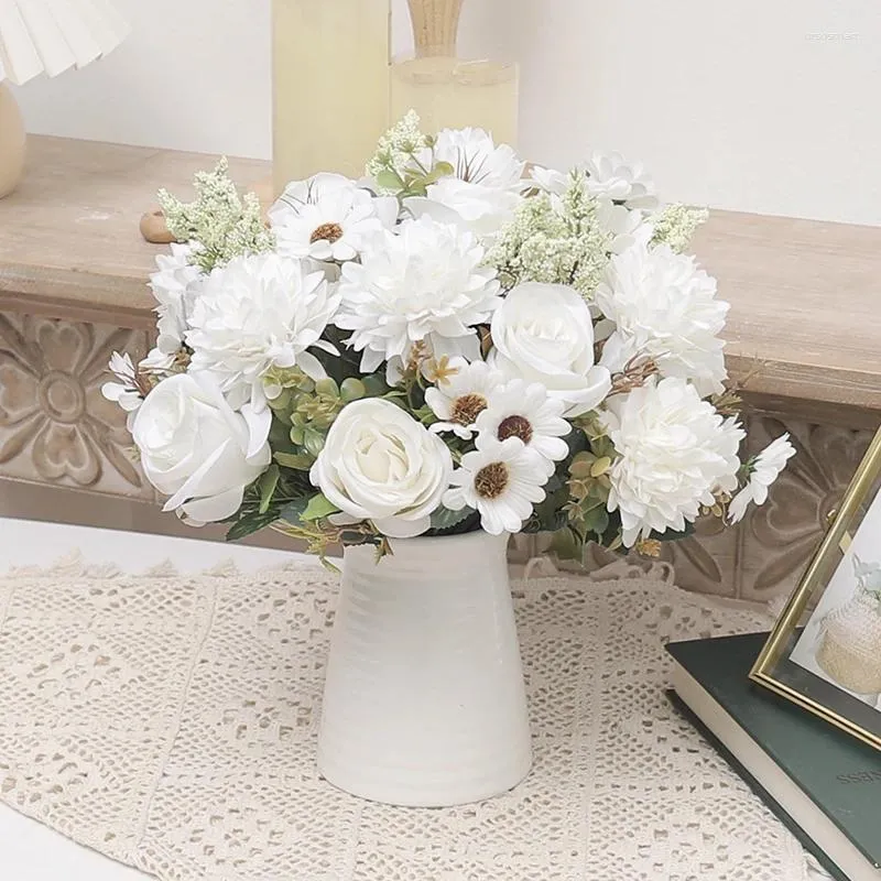 Decorative Flowers Silk Artificial Decor White Rose Hydrangea Daisy Wheat Grain Hybrid Bouquet Vase For Home Wedding Christmas Decoration