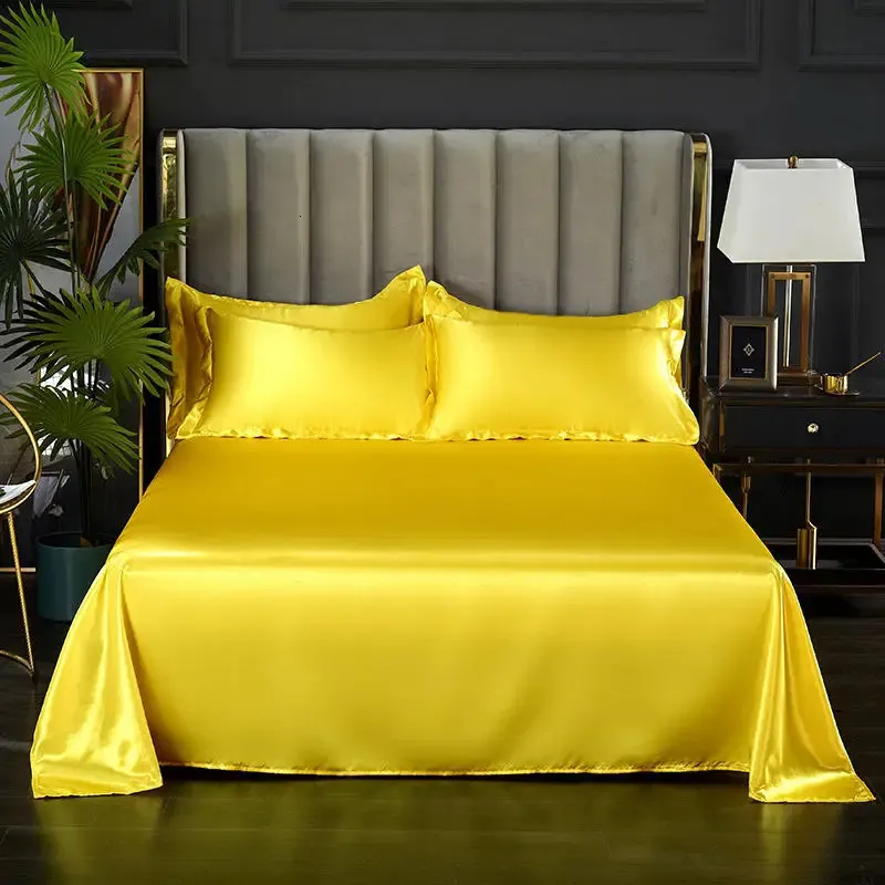 Bonenjoy 1 PC Bettblatt gelbe Farbe einfach gefärbt Satin Polyester Flachblätter Queen -Size -Sabanas Cama 90 Single Top Sheets 240506