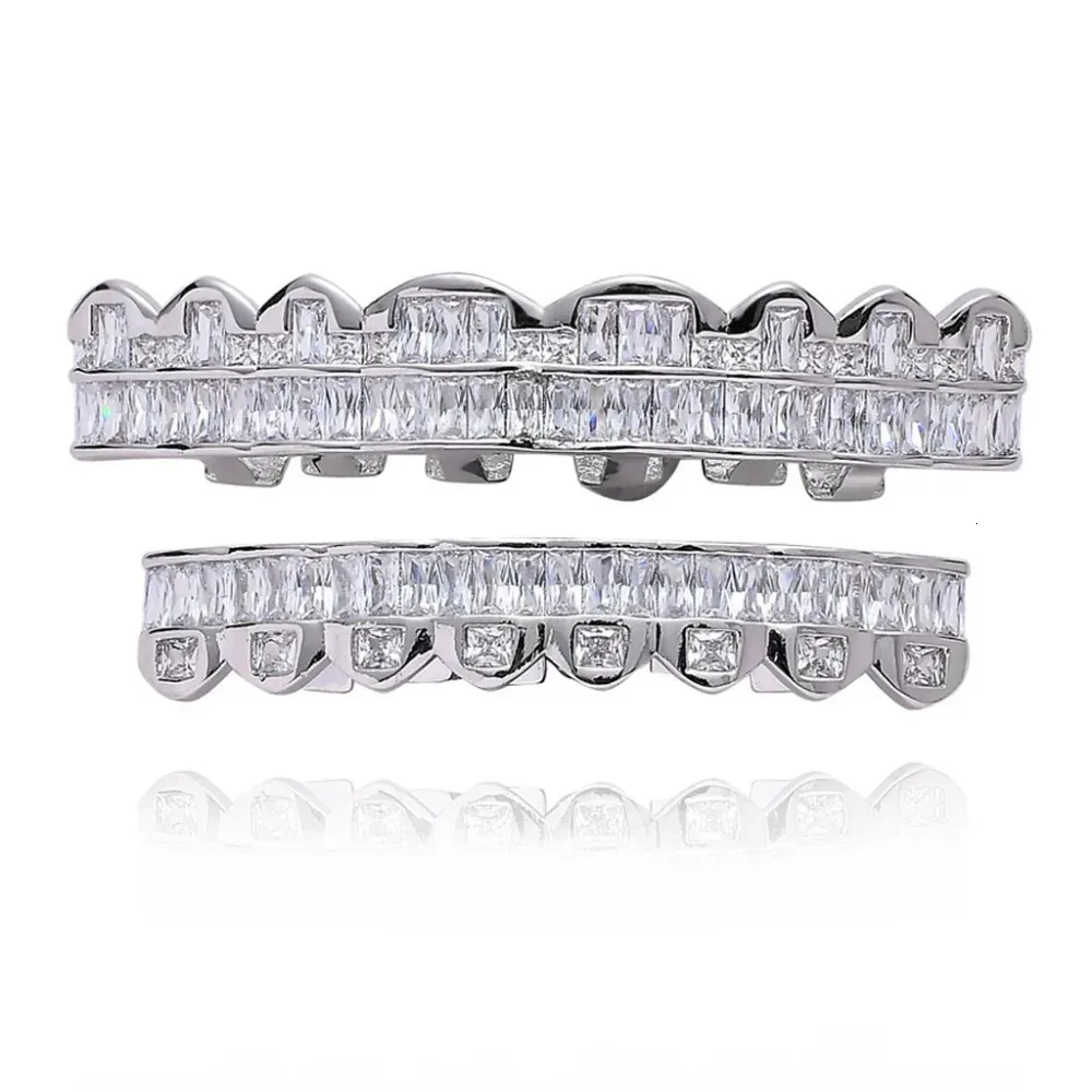 Hip Hop Iced Bling Baguette zęby cyrkon Grille dla kobiet mężczyzn Mężczyzn Ciało piercing biżuteria Hollown Rapper Ząb 8 Top 8 dołu 240418