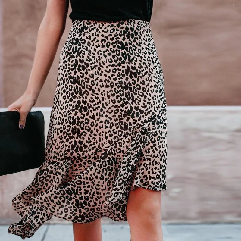 Kjolar för kvinnor plus storlek kläder leopard tryck hög midja mid längd chiffong ruffle kjol kvinnokläder trend 2024