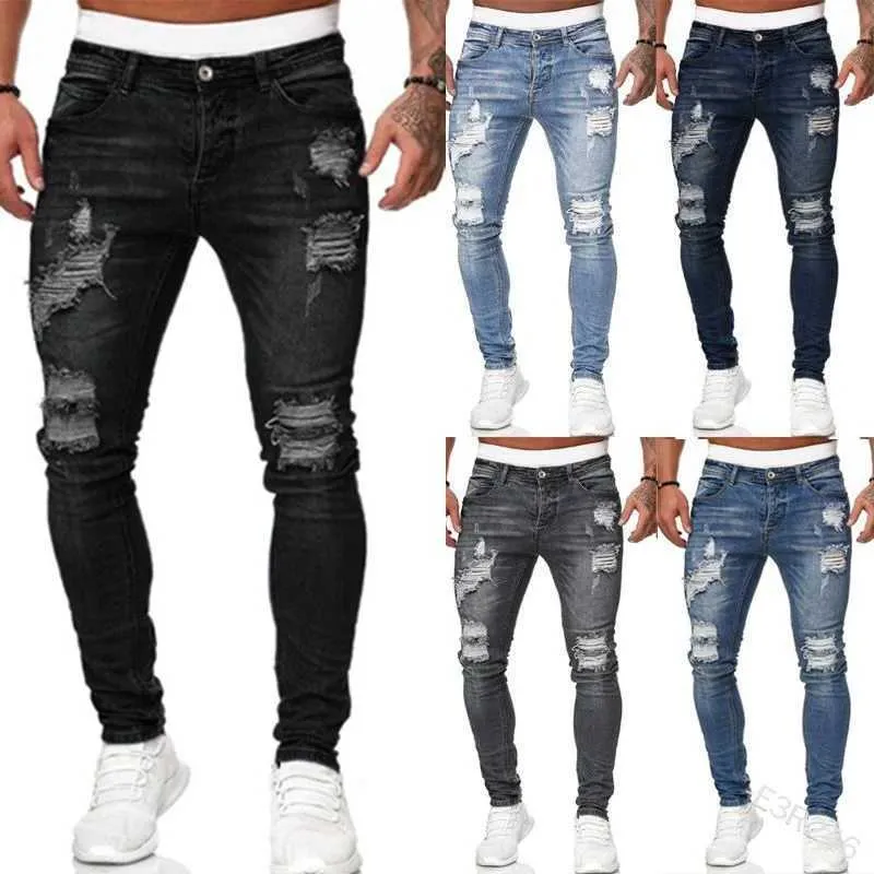 Jeans maschile europe e americano rotture buchi macinati jeans bianchi uomini vintage lavati per pantaloni da maschio solido maschile slim matita pantaloni in denim y240507