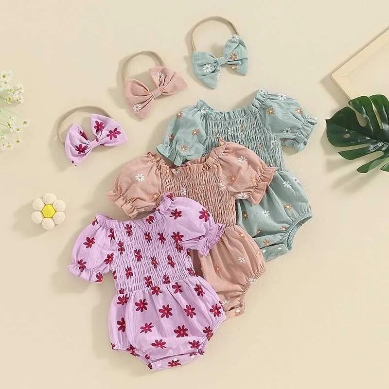 Rompers adorabile estate neonate bambine vestiti con stampa floreale a maniche corta rouffles saltuit di tute in fascia casual coda h240507