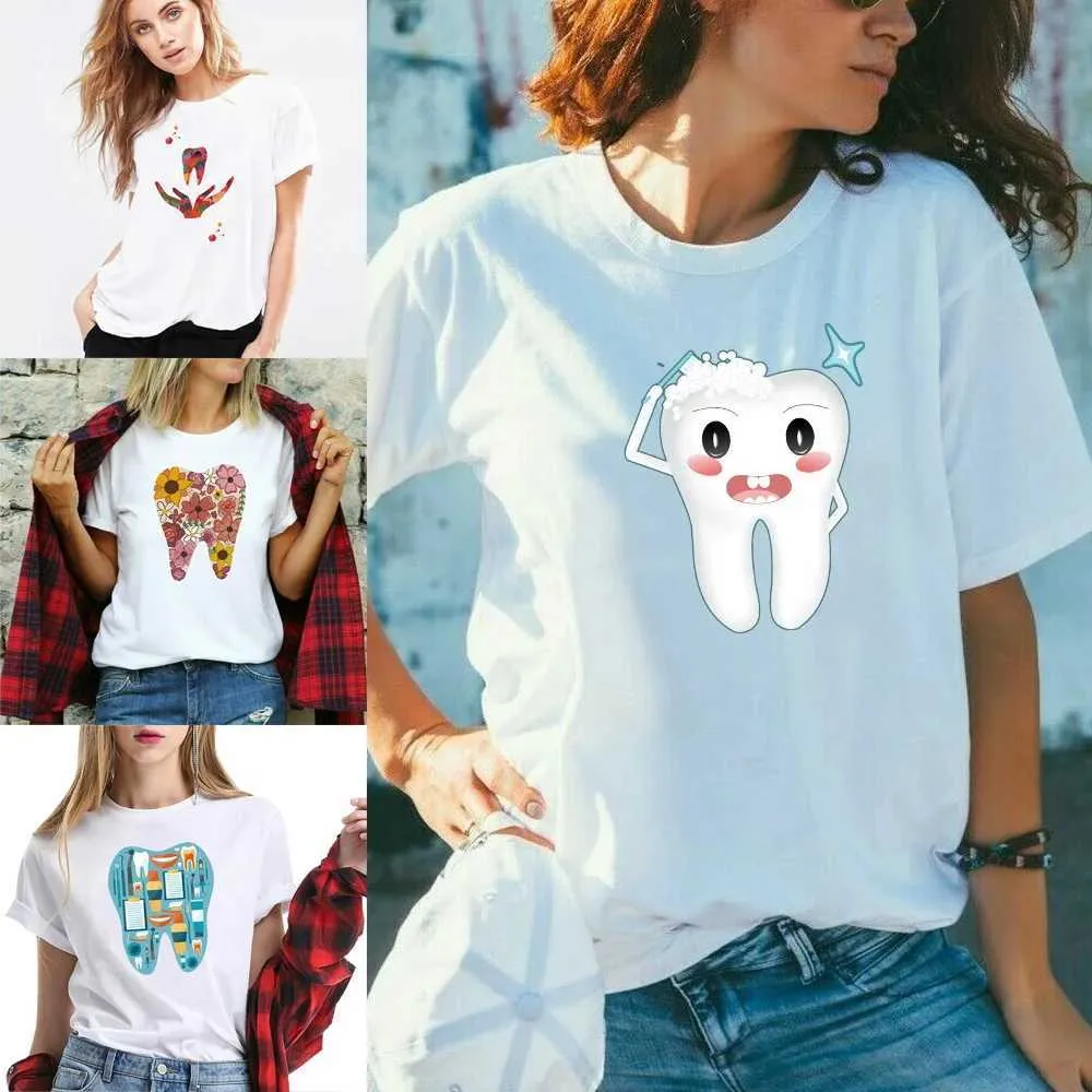 Camiseta feminina Camiseta Mulheres 2022 Moda Harajuku Verão Top Casal Dentes Casuais de Cartoon Print Short Sle Camiseta D240507