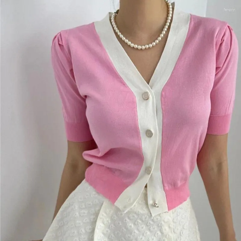Tricots en tricots V couche à cou de couchers pour femmes 2024 Summer Pink Short à manches à manches tricotées tricots Tops coréens Suetters de Mujer Sweet Slim Coat