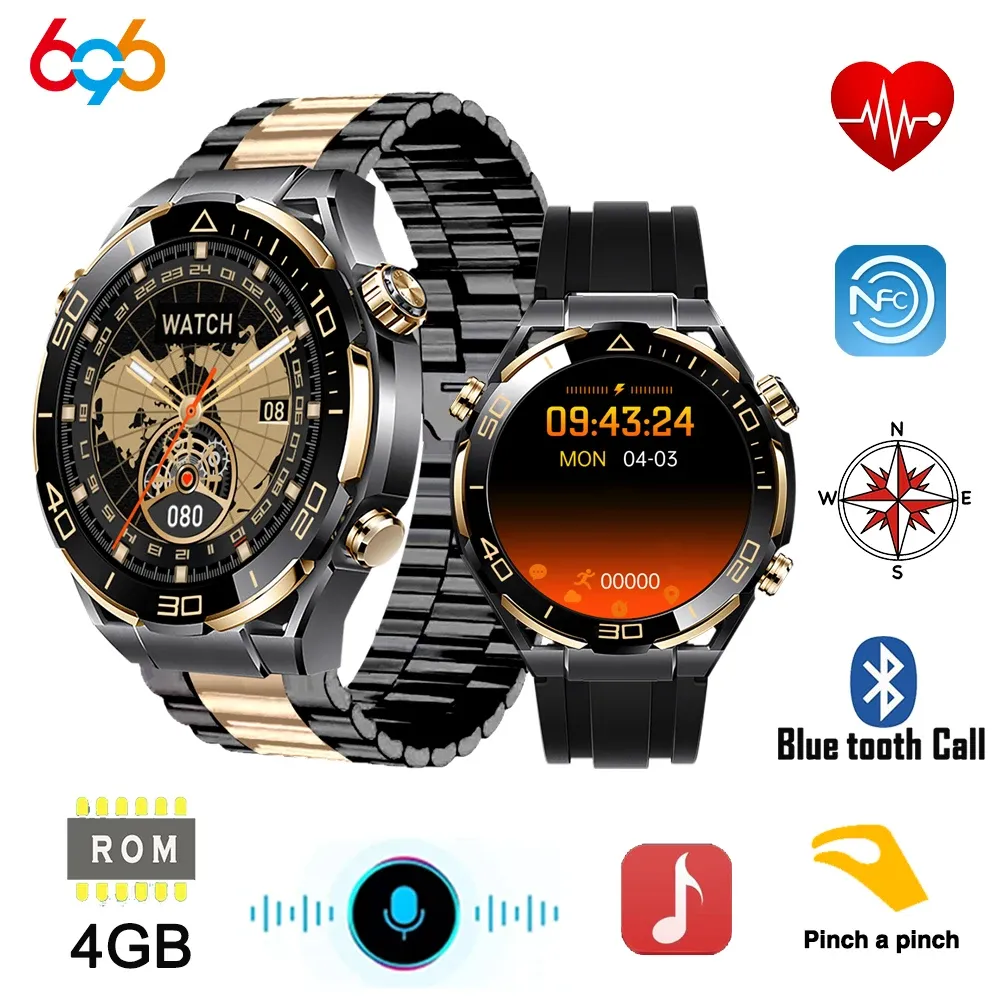 Orologi da 1,62 "Musica di memoria da 4 GB suoni registrazione audio smart orologio bussola nfc wireless addebita smartwatch