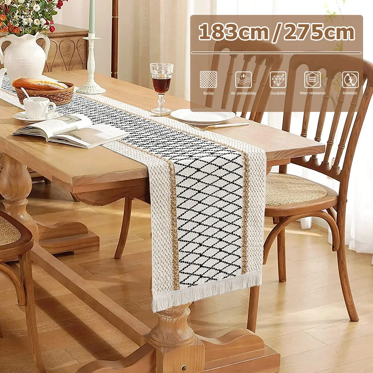 Linge 72/108 pouces Runner de table avec gland en coton Bohemian Rustic Farmhouse Tip pour salle à manger vacances de mariage