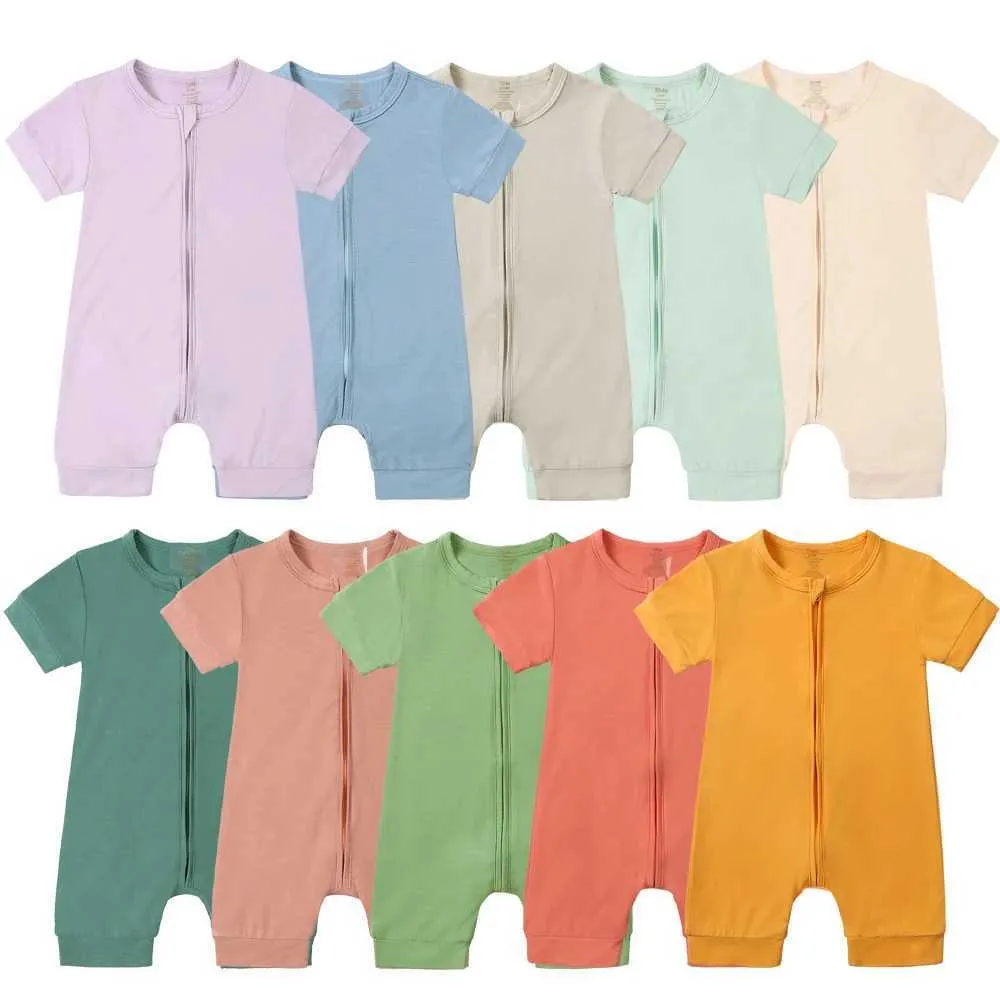Rompers Kids Pajamas Onesies Bamboo Cotton Cotton Bembler Jumpsuit Summer Summer Baby Sleeve Soleve Solid Suitud for Newborn H240507