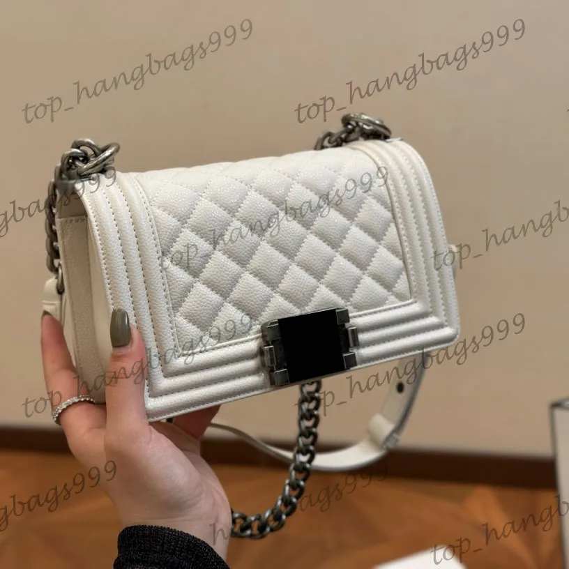 Cowhide Classic Mini Flap Quilted Crossbody Boy Shoulder Bags Caviar Leather Gold/Silver Chain Handbags Black White Purse Adjustable Strap Sacoche Purse 20CM