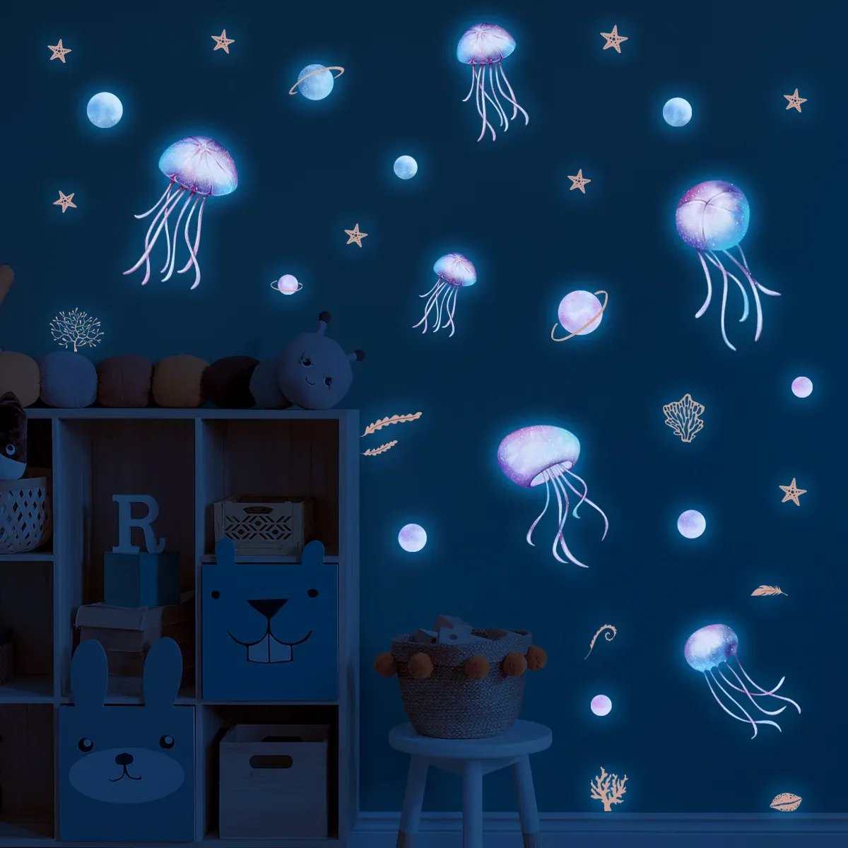 Stickers Blue Luminous Jellyfish Family Wall Stickers Home Decoratie Wand Decor Home Accessoires Wallpaper Kinderen Woonkamer Decoratie