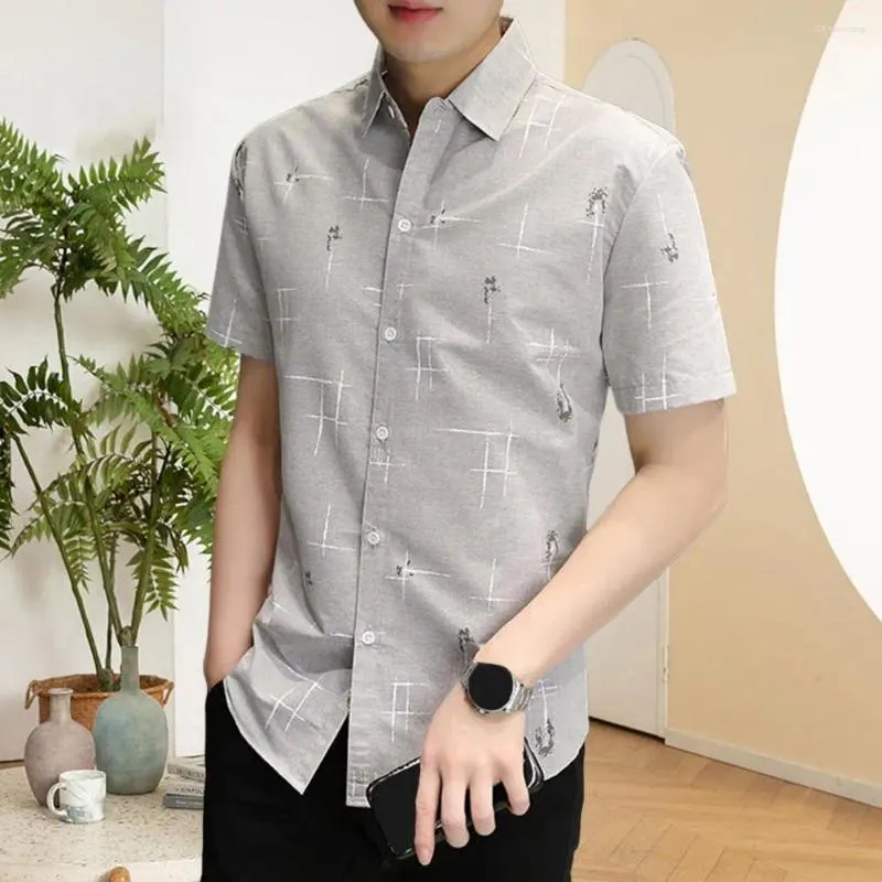 Men's Casual Shirts Men Lapel Shirt Stylish Slim Fit Printed Cardigan For Business Office Wear With Turn-down Collar Short