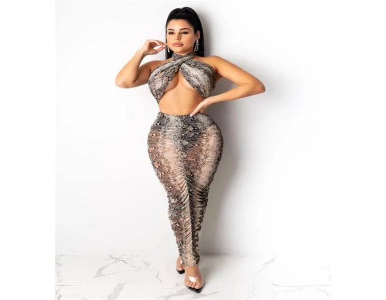 Mode Skinny Two Piece Sets Women Leopard Tweed Piece Dress Sexy Zie door Halter Crop Tops 2PCS2745294