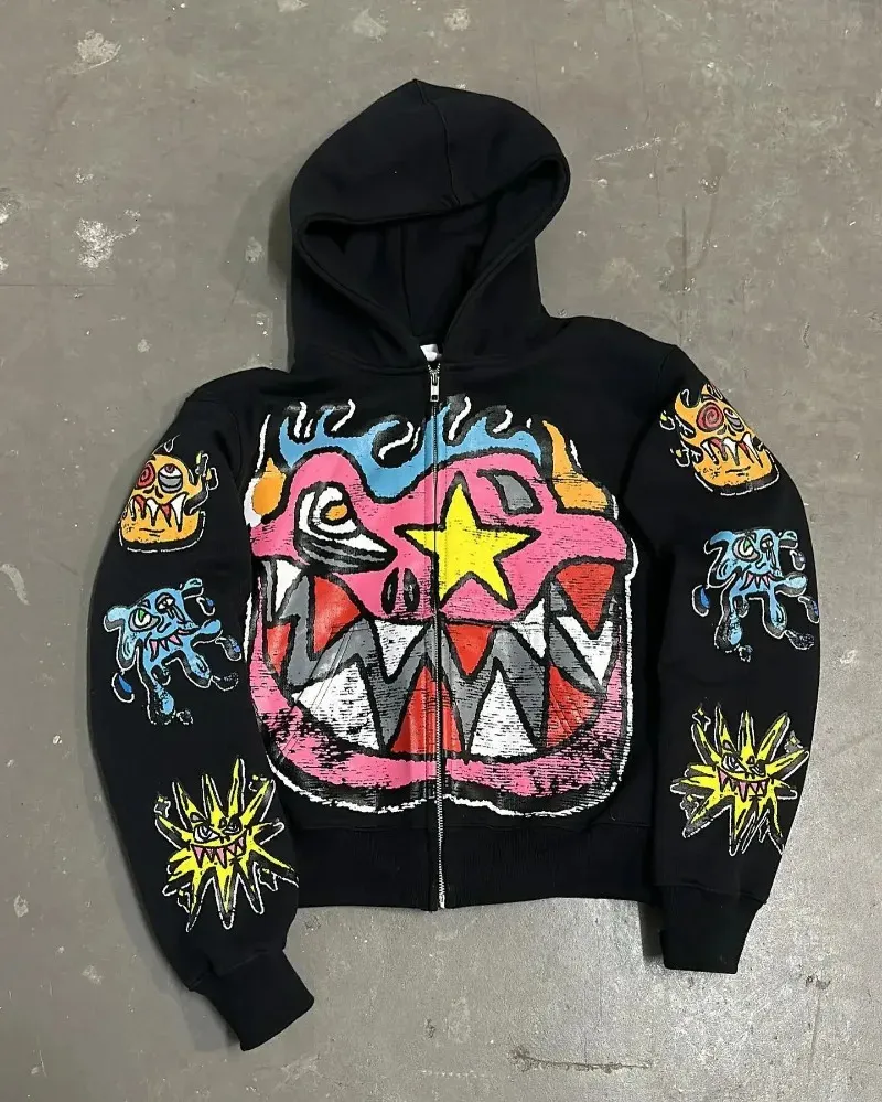 American Gothic Trendy Letter Mönster tryckt överdimensionerad hoodie-mens Y2K Fashion Harajuku All-Match Löst dragkedja Sweatshirt 240506