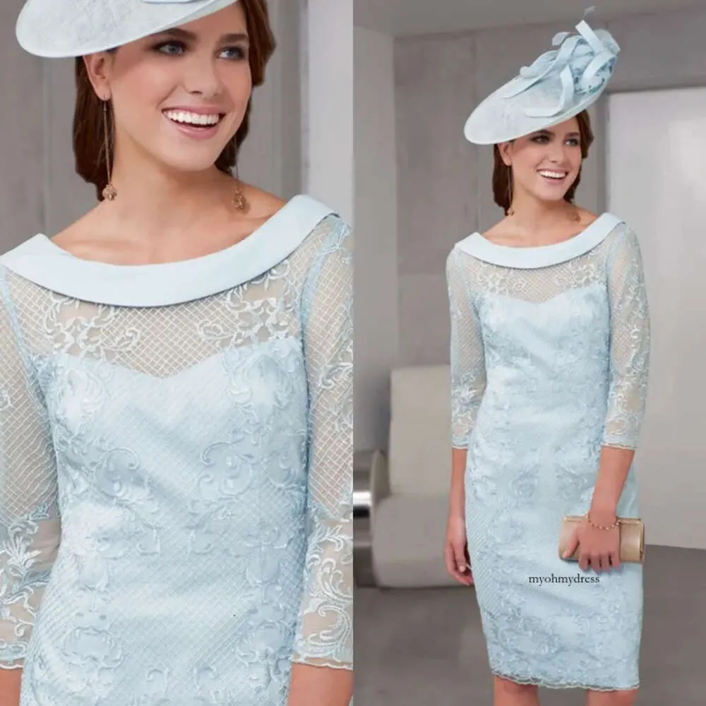 Enkel mantel ispirato mor till bruden klänning juvelhals 4/3 långärmad applikation bröllop gästklänningar knä längd kväll klänning 0431