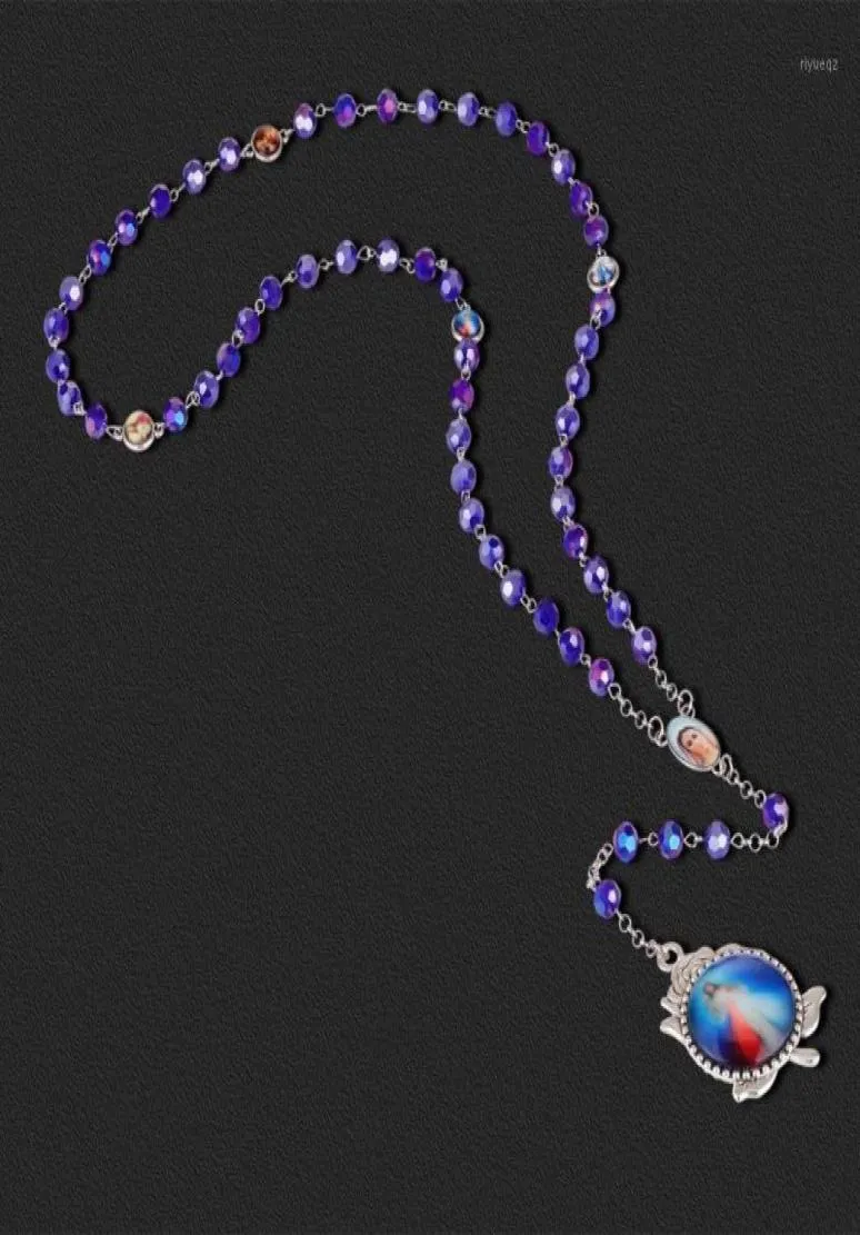 Naszyjniki wiszące Rose Chrystus Jezus Katolickie paternostyki Naszyjnik Różajski Długie niebieskie szklane koraliki modlitewne łańcuch religijna J7409437