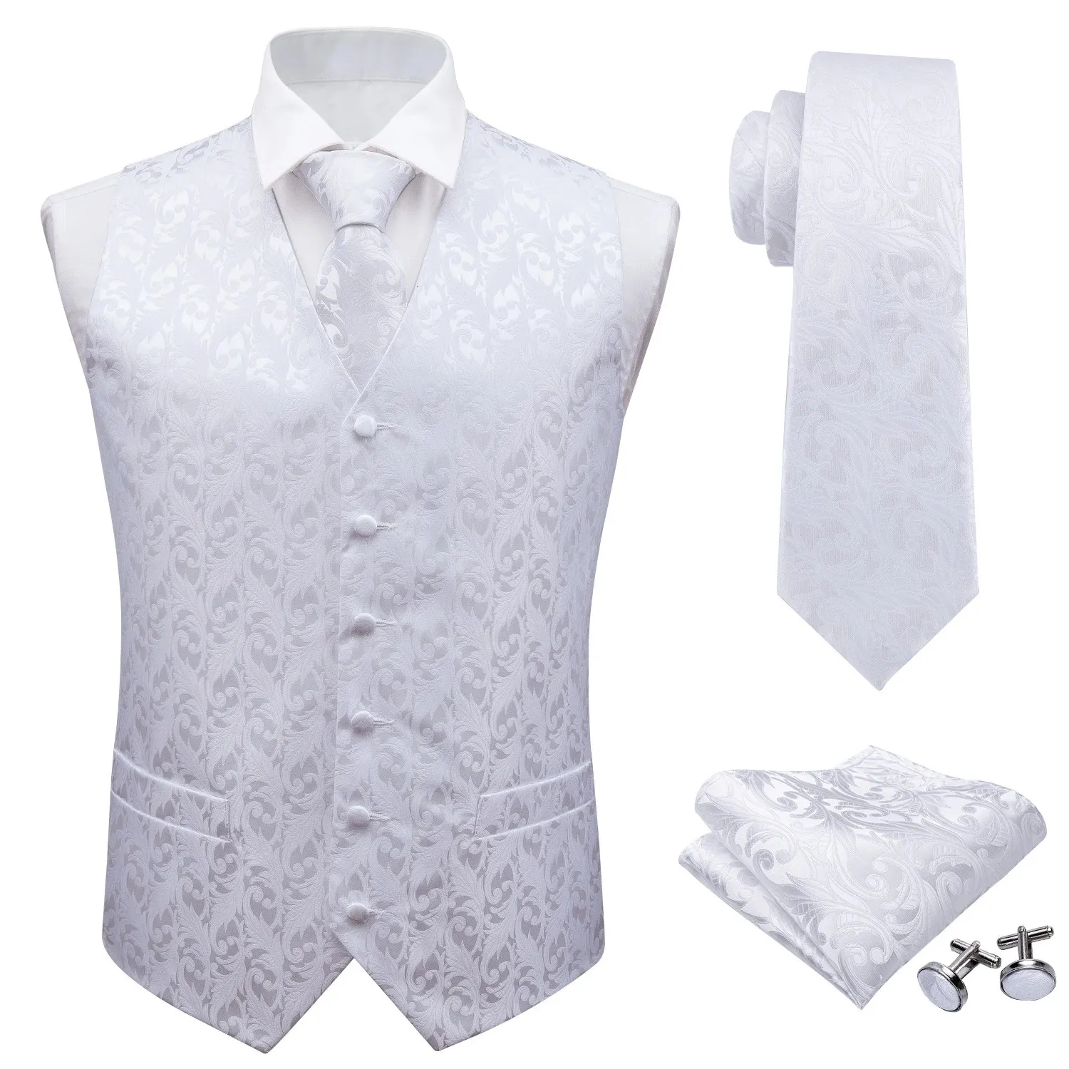 Barrywang Mens Classic White Floral Jacquard Silk Waistcoat Gestes Mandkerchief Party Tiah Tie Suit Pocket Square Square 240507