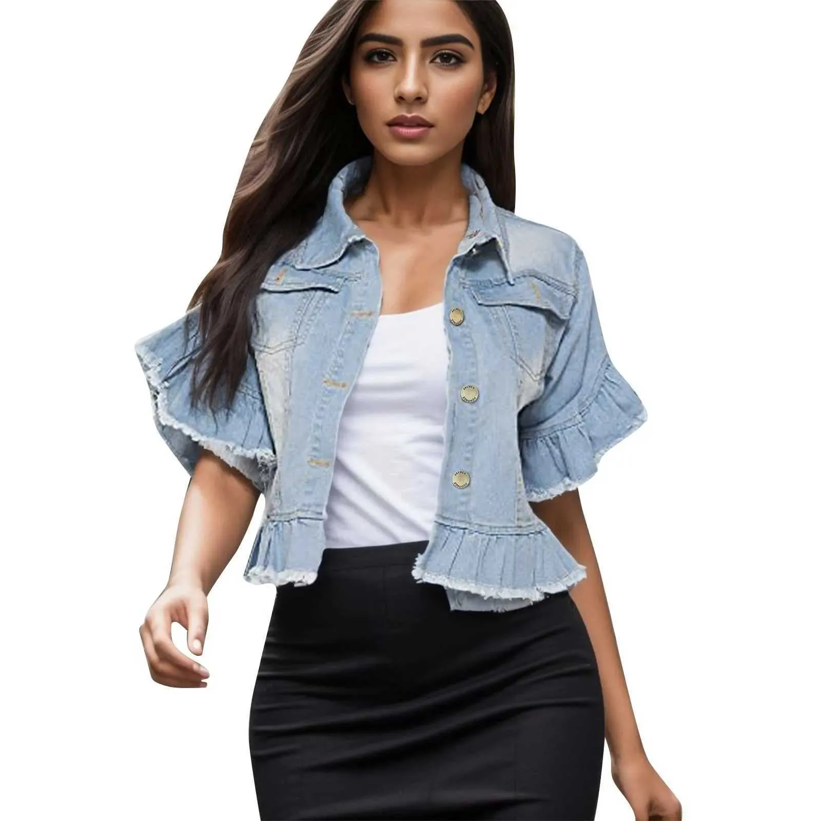 Damenjacken Frauen Schmetterling Ärmeln Denim Jacke Womens Slim Fit Button Down Jacke Damen Taschenlampe Casual Jacket Womensl2405