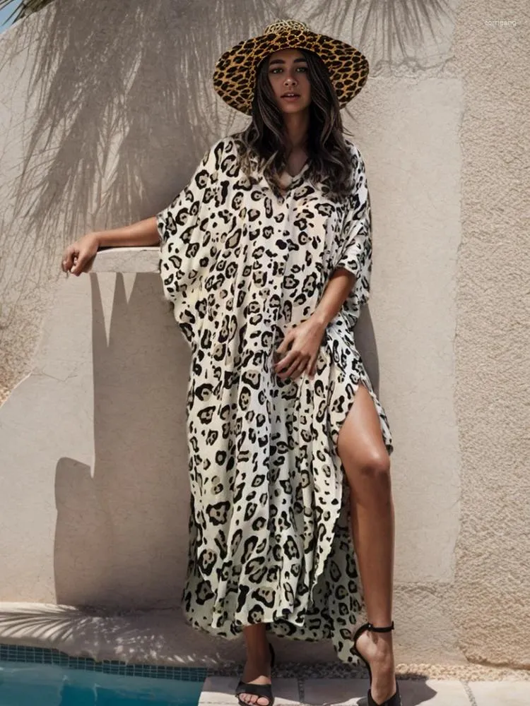 Plus Size Leopard Print Kaftan Women Tunic Casual House Kleid Sommer Boho Beachwear 2024 Loosen Robe Badeanzug Cover Up Q1226