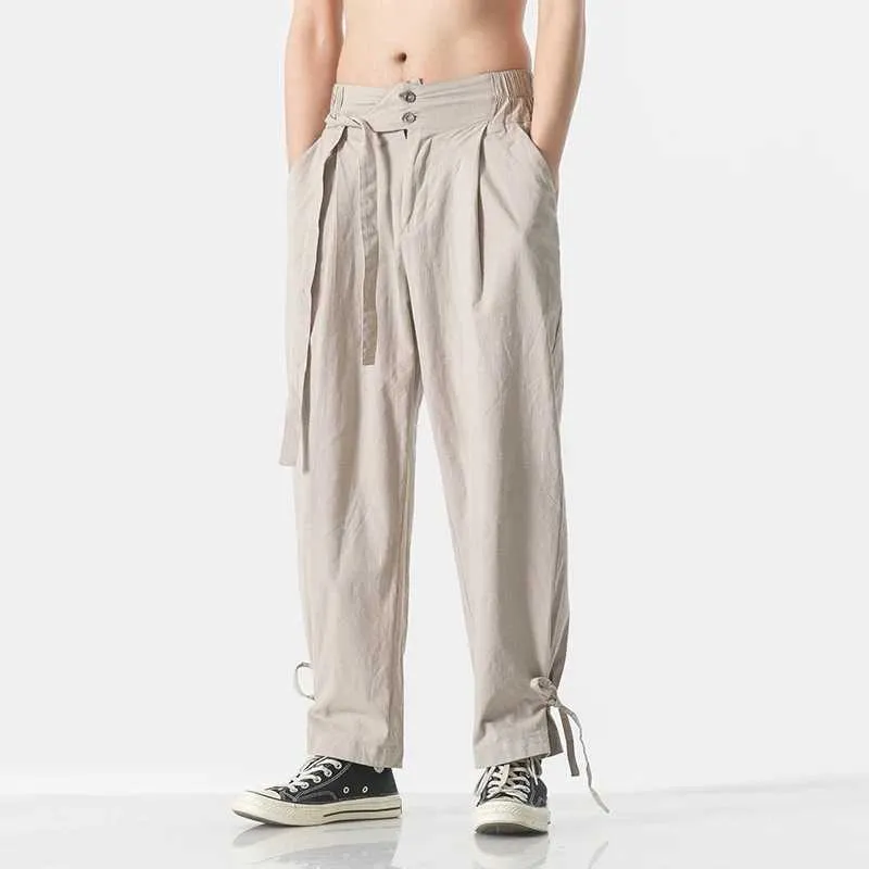 Calça masculina 2022 Primavera/verão calças de pernas largas masculam calças de linho de algodão masculino chinês kung fu hougong calça mens de calça de calça pantalon hombre 5xl j240507
