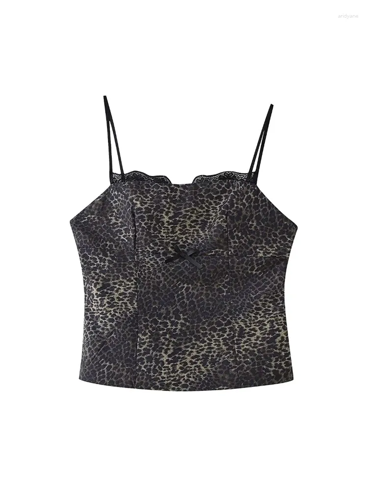 Women's Tanks Sexy Leopard Print Ladies Fashion Lace Patchwork High Waist Short Tops Girls Elegant Satin Feeling Soft Black Slim Sling Vest