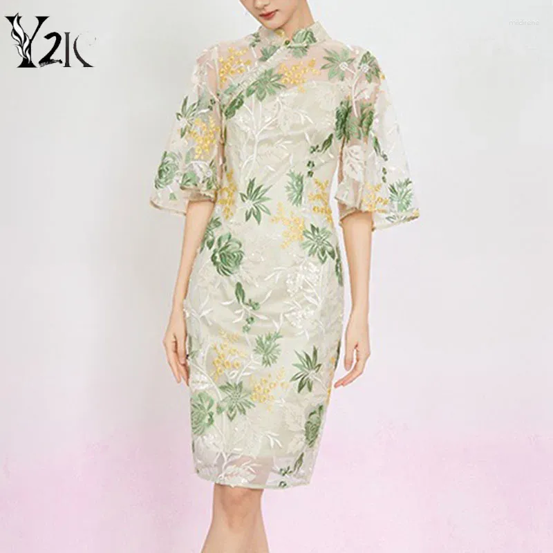 Festklänningar y2k kläder vintage blommor broderier midi kvinnor kläder kinesiska stativ krage eleganta kvällskonnar