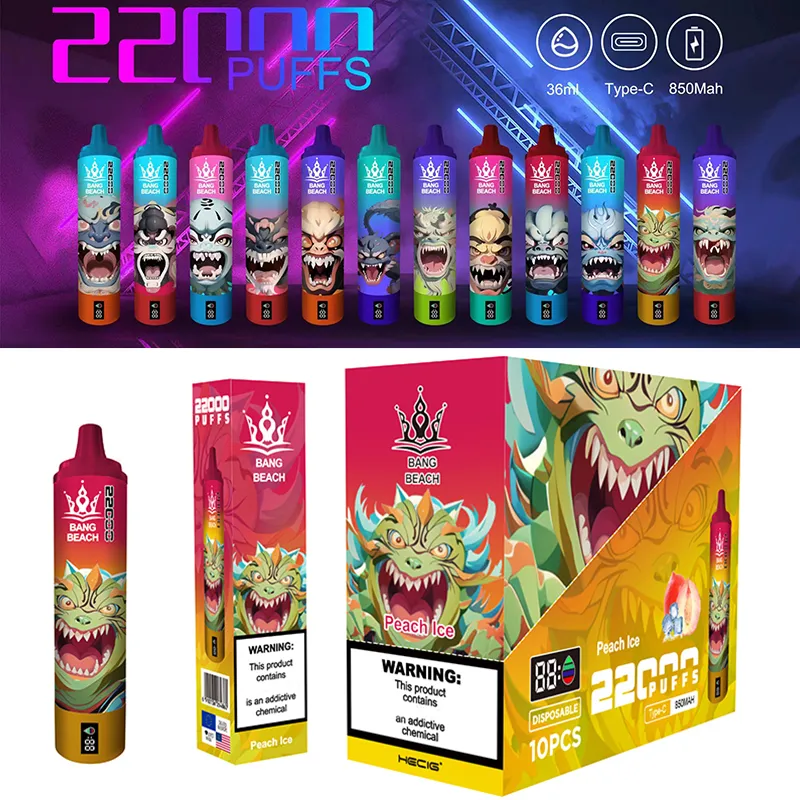 Bang Beach 22000 Puffs Bobine de maillage en ligne électronique jetable Choisissez 12 saveurs Écran numérique Affichées Huile et électricité Vape Pen 36ml 22K Puff Bangbox Bangking