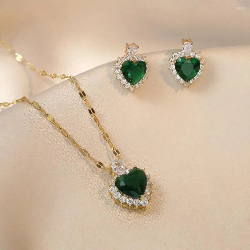 Necklace Earrings Set Luxury Green Stone Love Heart Stud Pendants Stainless Steel Chains Necklaces For Women Zircon Bridal Gifts
