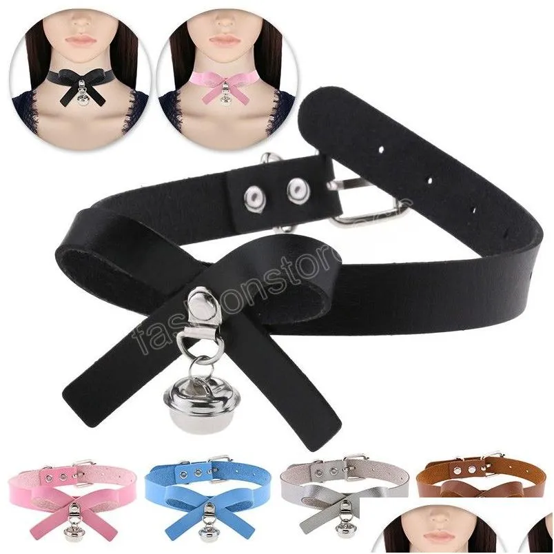 Chokers Pu Leather tour avec collier de collier Bell Femmes Girls Fashion Party Déclaration Bijoux Bowknot Neck Accessoires Drop Livraison DHC0U