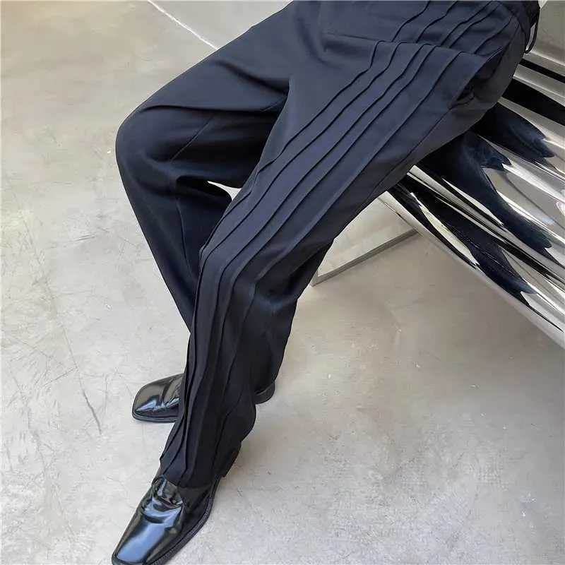 Men's Pants 2022 Summer Korean style unique pleated design drawstring pants mens casual loose blue suit mens trousera size M-XL J240507