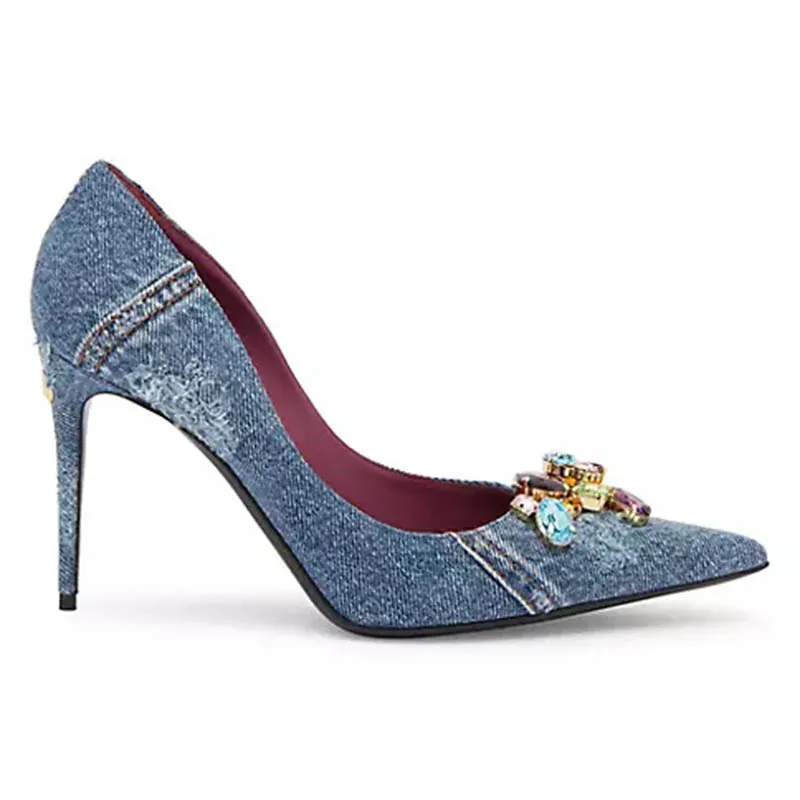 Блестящие джинсовые джинсовые насосы женские туфли для обуви дизайнерские сандалии сексуальные высокие каблуки роскошная металлическая замка