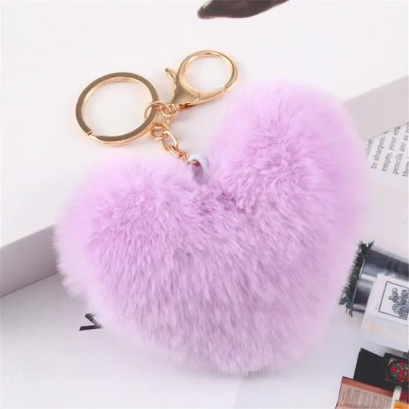 Love Pompom Keychain Gifts for Women Soft Heart Shape Pompom Imitated Rabbit Fur Key Chain Ball Car Bag Accessories Key Ring