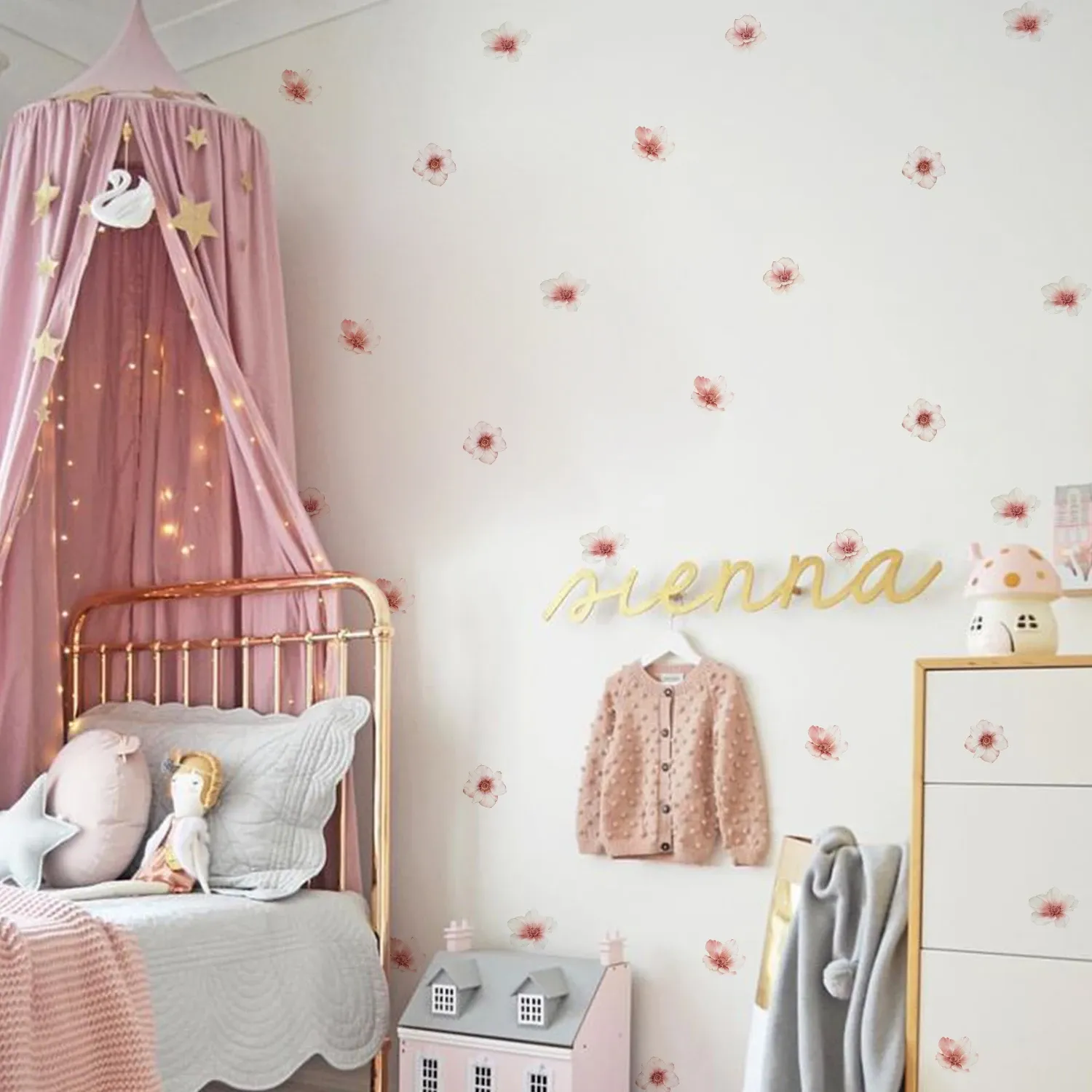 Adesivi Boho Pink Spring Floral Adesivi per pareti per bambini Decorazioni per la casa Soggio