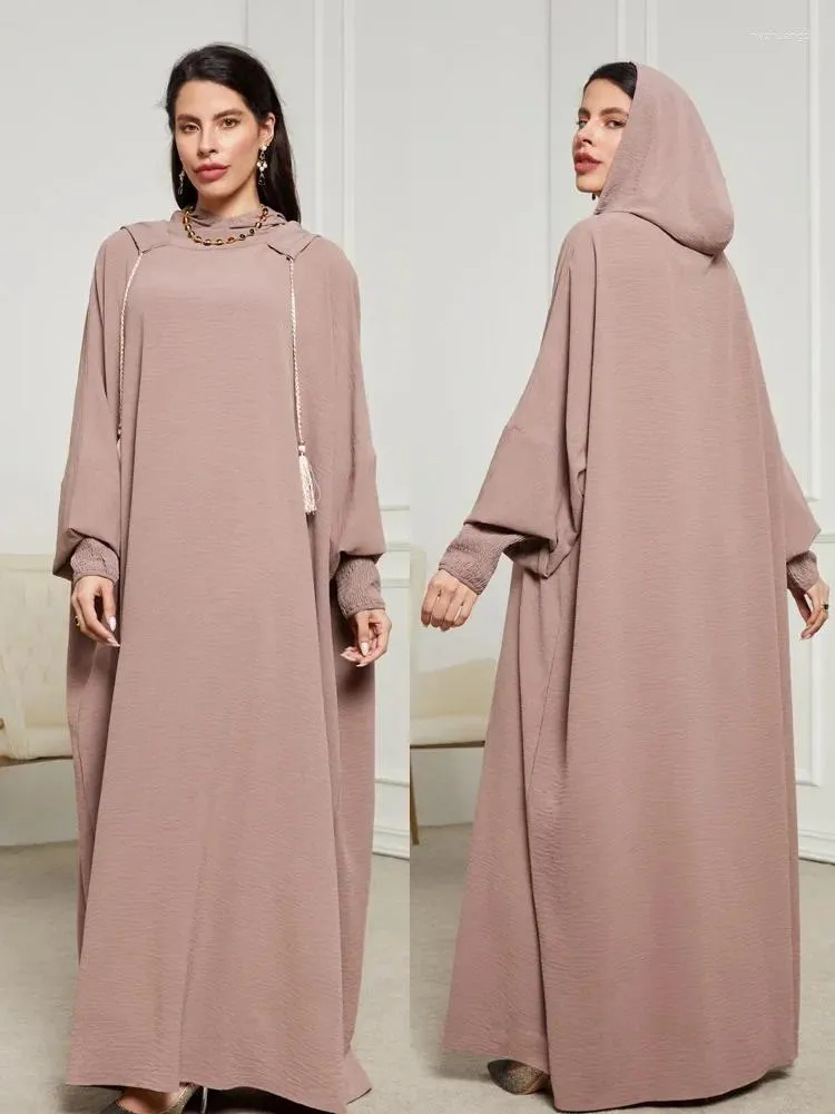 Roupas étnicas vestido muçulmano eid para mulheres jalabiya abaya com capuz de cordas vestidos de festa vestidos ramadã kaftan dubai manto longo
