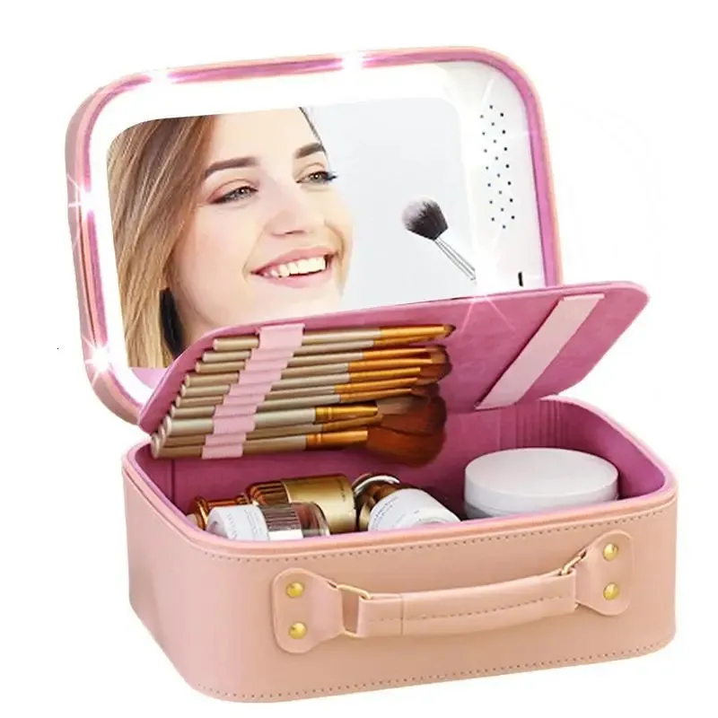 Étui cosmétique éclairé avec miroir LED portable Sac cosmétique portable Boîte de rangement de maquillage imperméable à grande capacité 240504