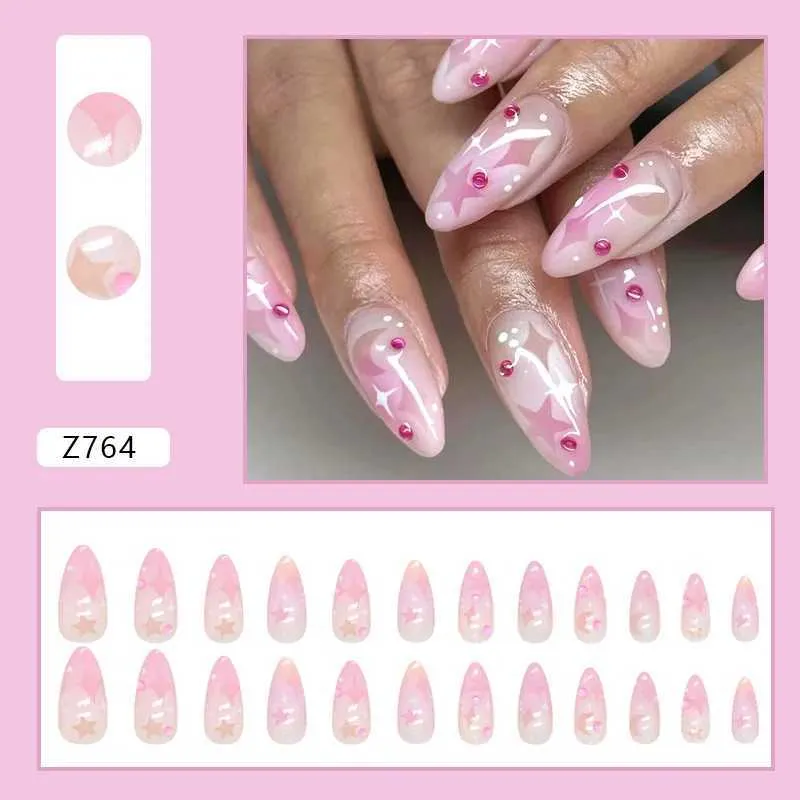Valse nagels 24 -stks hart valse nagels met glitter kristalontwerpen liefde hart amandel kunstmatige nagels tips ins y2k lady manicure patch t240507