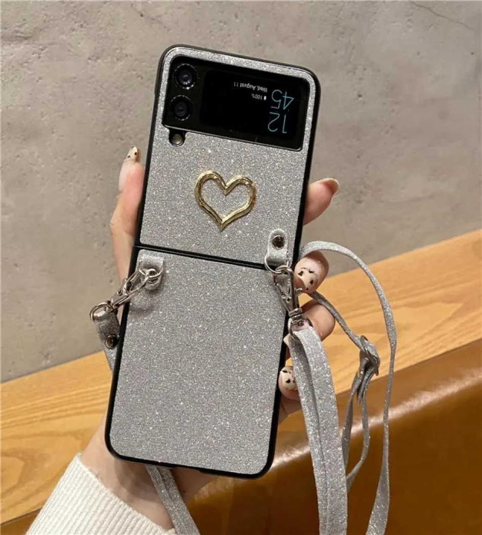 Glitter Love Hear Crossbody Chain Phone Case för Samsung Galaxy Z Flip3 5G Justerbart Lanyard Rope Sparkle Protective Shell Shockp6947431