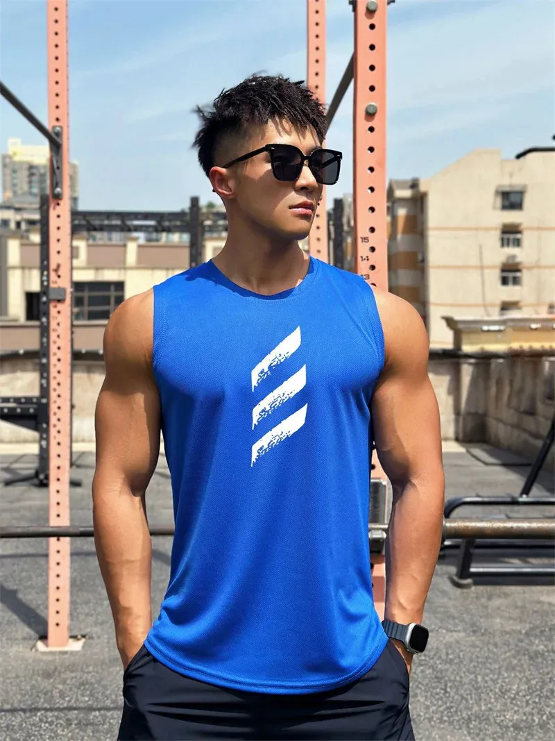 Zomertrend Mens Pullover Round Neck Mesh Tank Sport Fitness Running Top Mouwloze snelle droogtank Top 240507