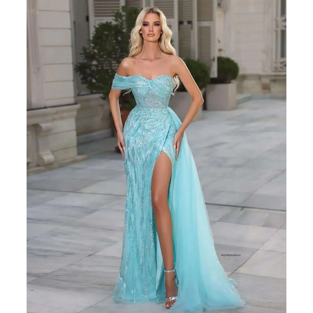 Sirène bleu élégant Prom V V Nou sans manches 3D Lace One épaule Appliques de paillettes brillantes Longueur du sol perlé