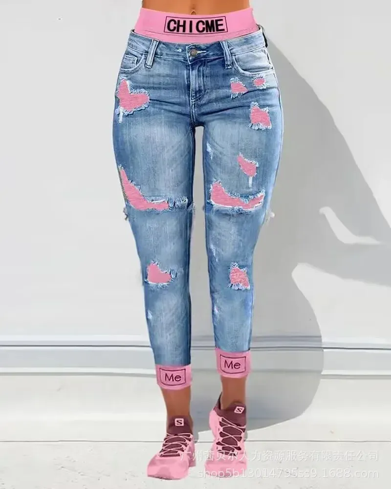 Gefälschte zweiteilige Patchworkausschnitt zerrissener Jeans Frauen Knöchel Länge Mode lässig Hochtütige Stifte Hose Denim 240506