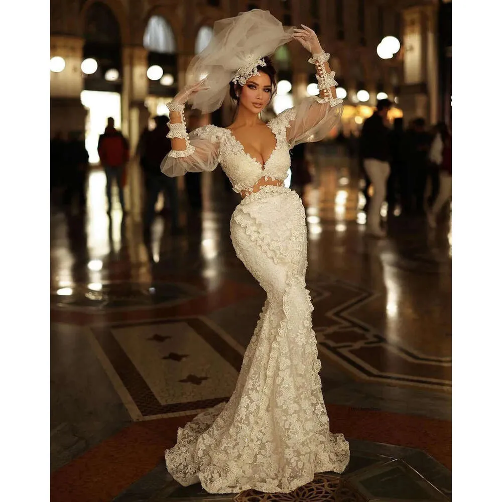 Elegante sereia baile v vastas de mangas compridas Flores de renda 3D Apliques brilhantes lantejoulas de celebridades de celebridades vestidos de noite mais tamanho personalizado 0431