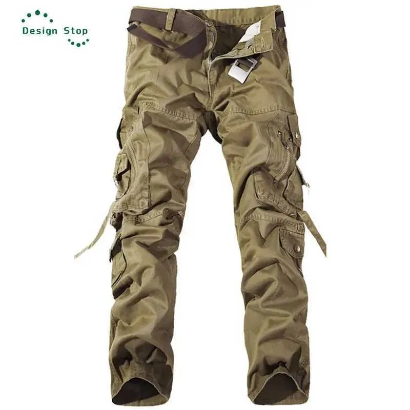 Мужские брюки мужские повседневные военные грузовые брюки с твердым цветом с твердым цветом хлопок длинные брюки много карманные свободные набор плюс 44 без ремня J240507